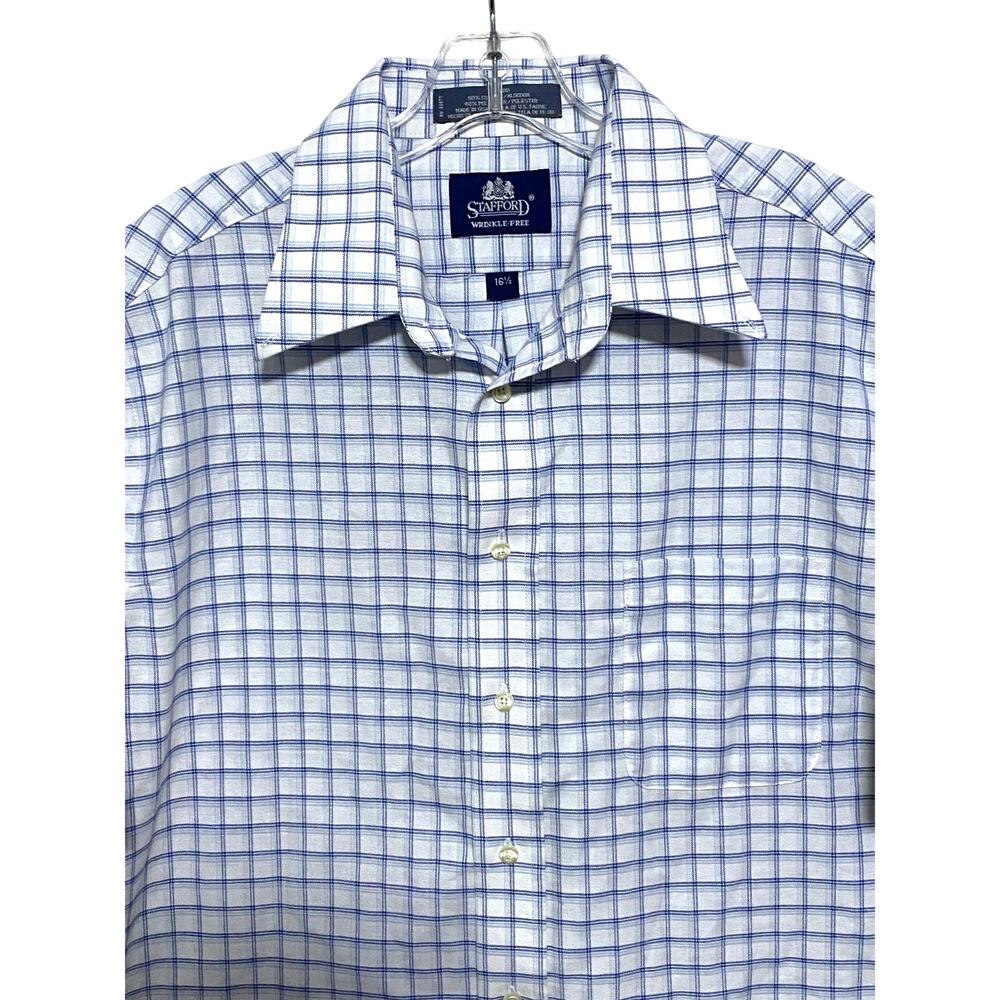 Stafford Wrinkle Free Blue Plaid Oxford Button Shirt Mens 16.5 Preppy Classic - Picture 2 of 7